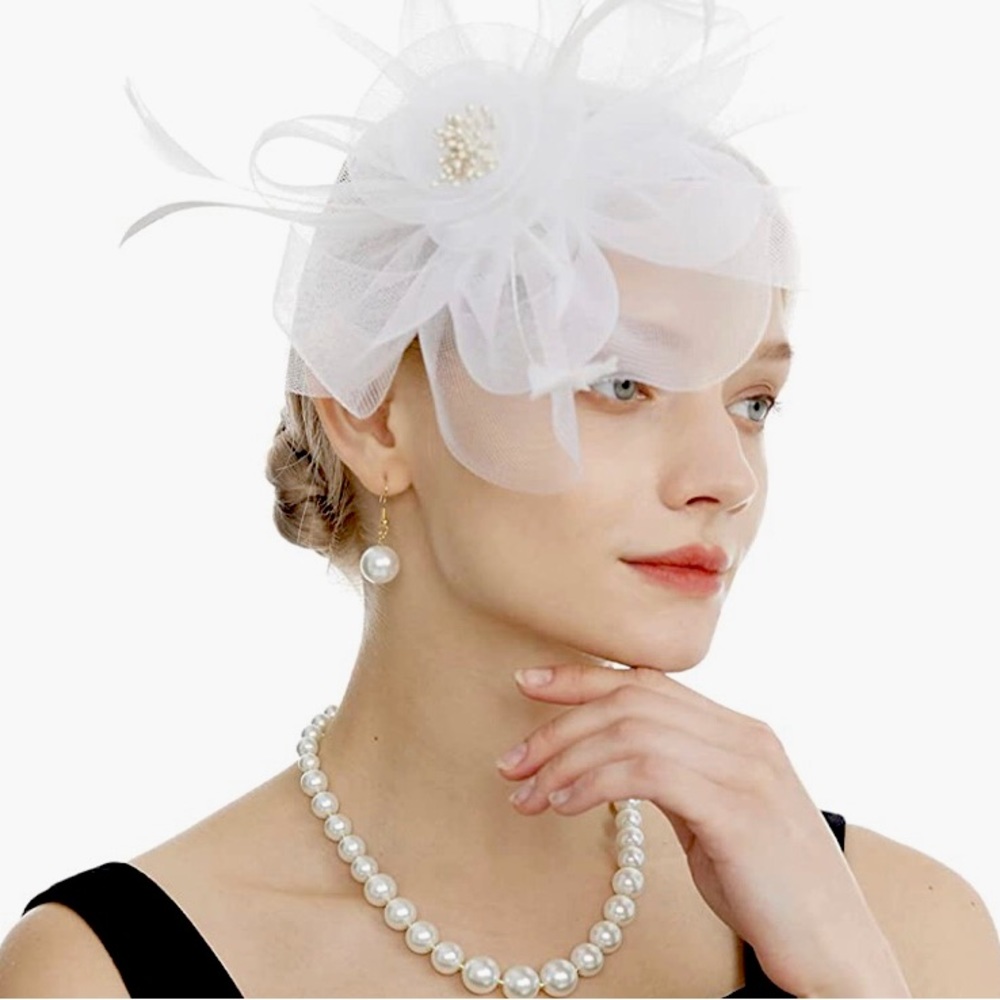 White Fascinator Tea Party Head Accessory with Flower & Feather Detailing